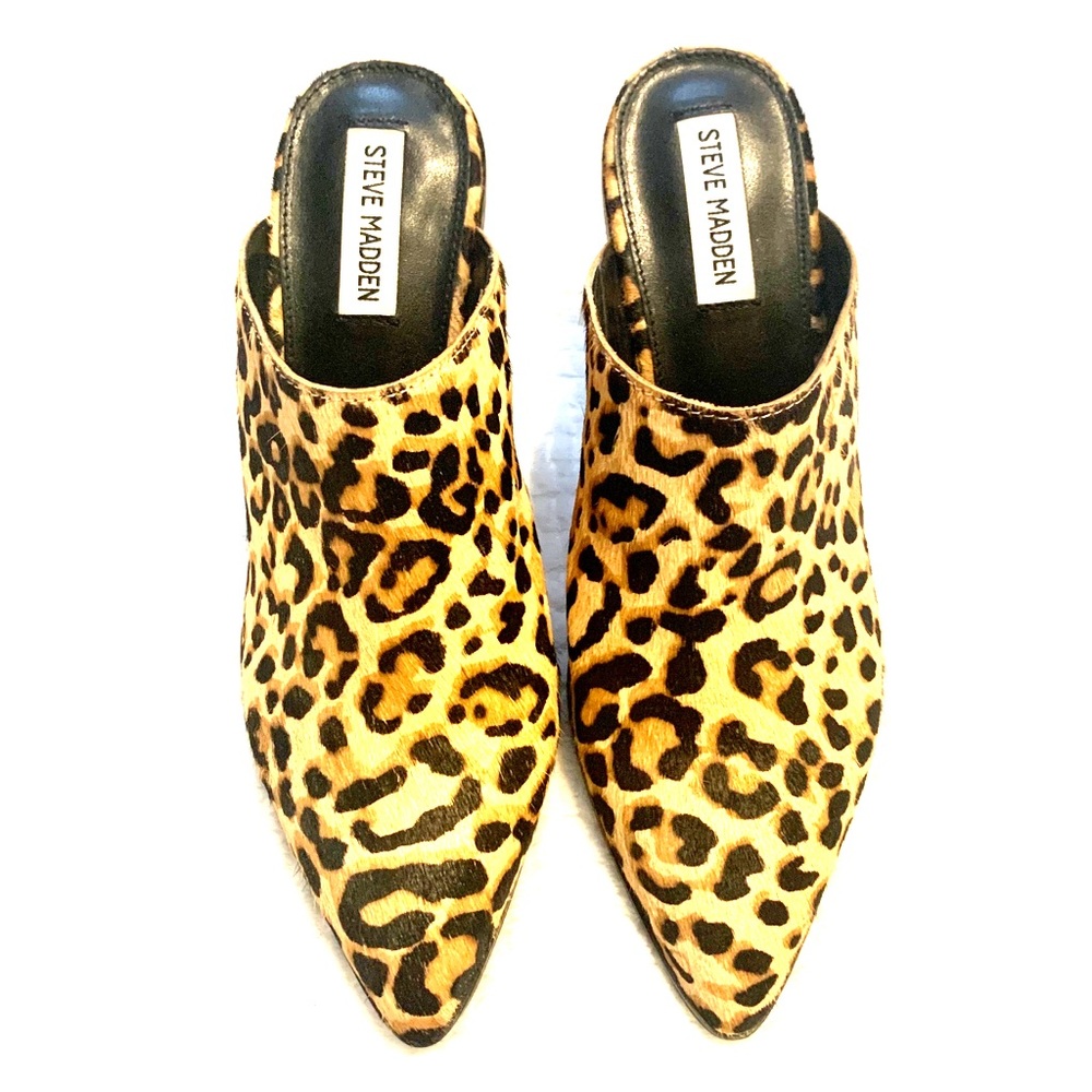 Steve Madden calf hair leopard print mules
